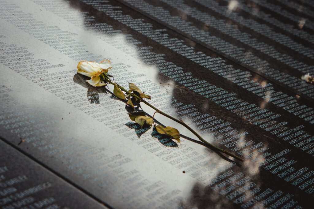 A white rose placed on a reflective memorial wall listing names, conveying remembrance.