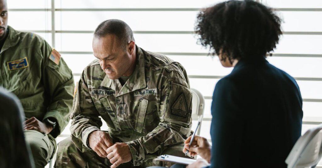 A therapy session for military veterans focusing on mental health and PTSD support.